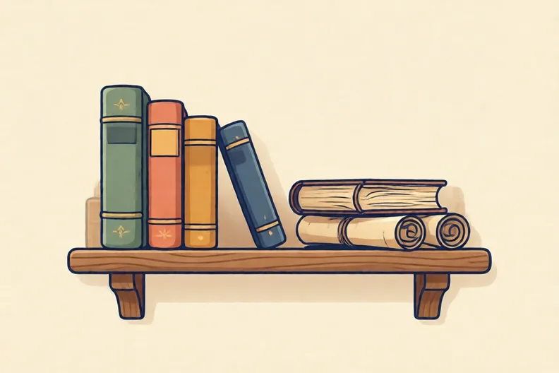A wooden shelf holding old bound books and rolled scrolls in soft light