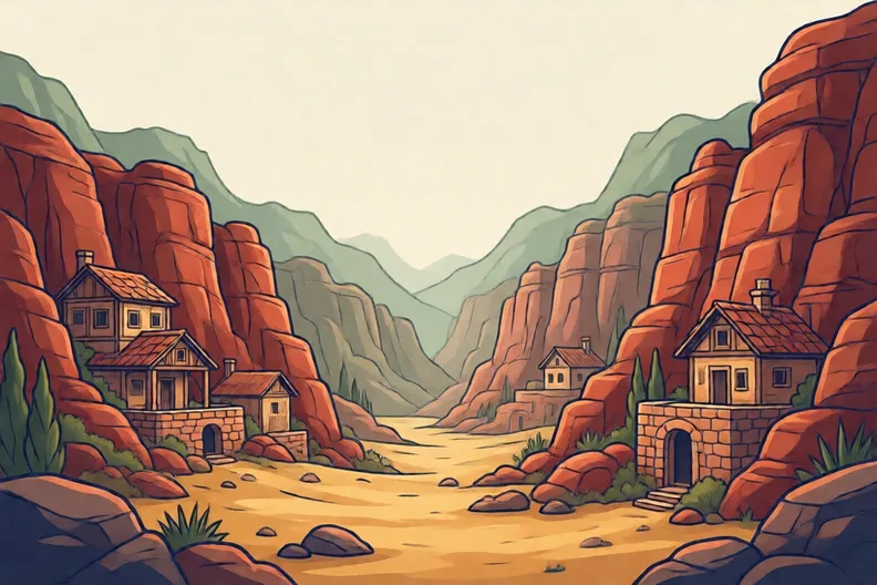 A dry valley with carved stone homes in red cliffs, no people