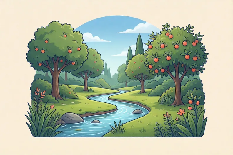 A calm green garden with a stream and fruit trees