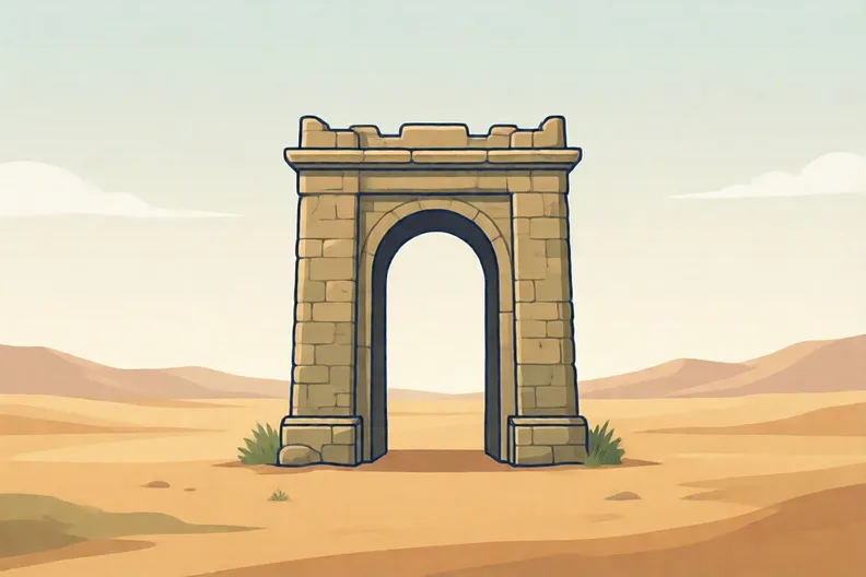 A tall plain stone gateway standing in open desert