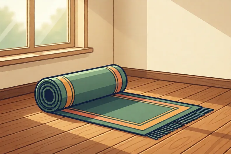 A rolled prayer mat resting on a wooden floor beside a window
