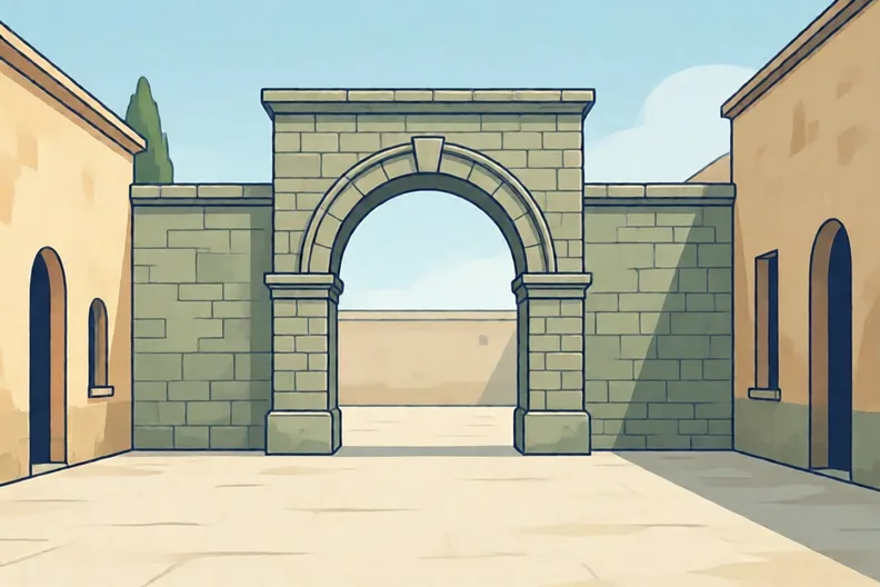 A plain stone arch in an empty courtyard