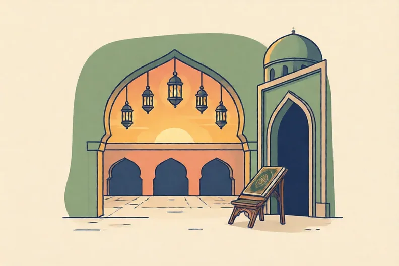 Lamps hanging in a quiet masjid courtyard at dawn