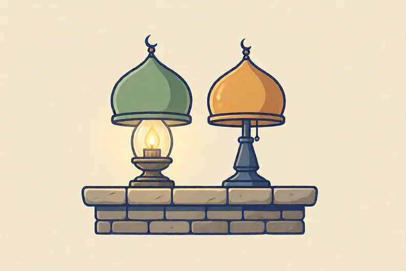 Two lamps side by side in a masjid, one lit and one unlit