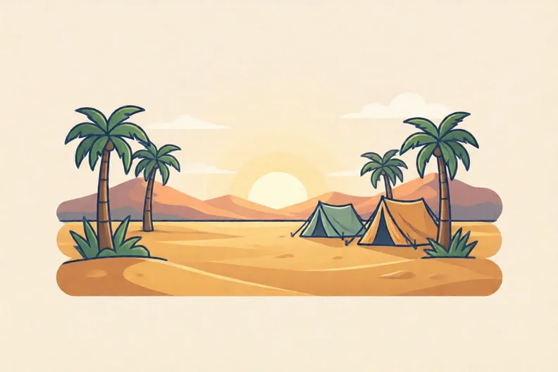 A wide desert plain at dawn with a few palm trees and simple tents