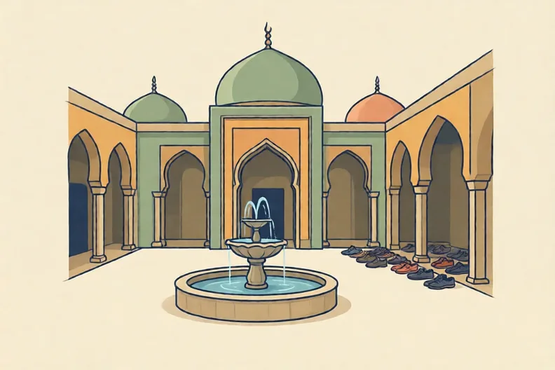 A quiet masjid courtyard with a fountain and a row of shoes by the door