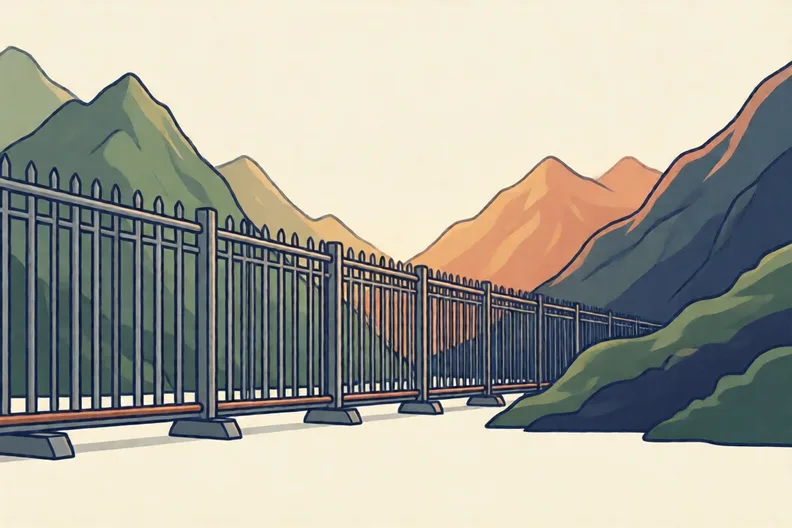 A tall grey barrier of iron and copper between two mountains in soft light