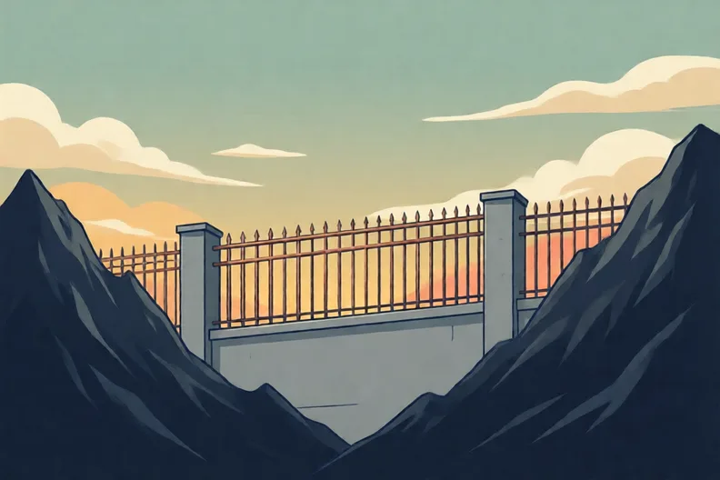 A grey wall of iron and copper rising between two dark mountains