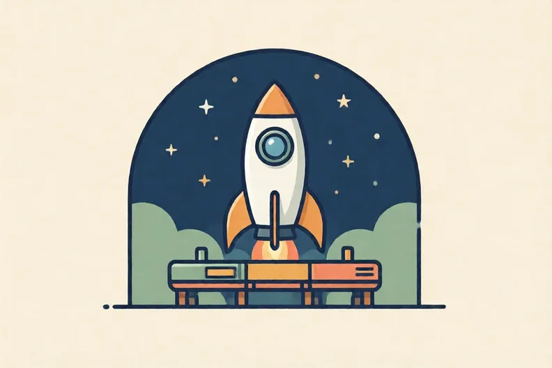 A small rocket standing on a launch pad under a night sky