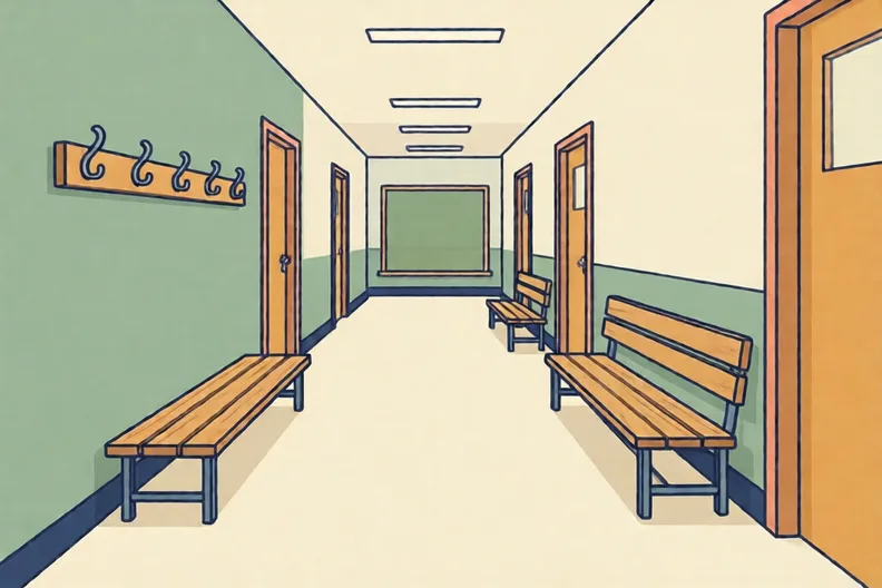 An empty school corridor with coat pegs and a wooden bench
