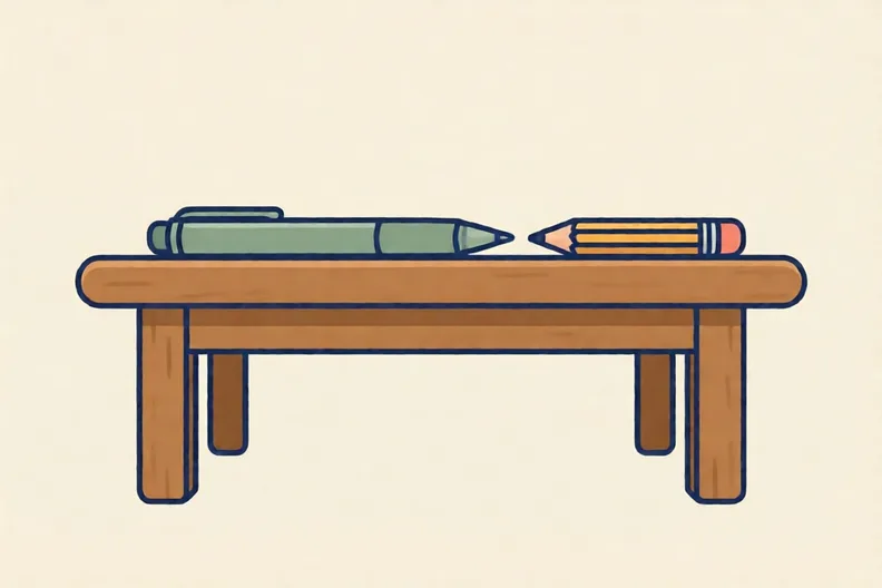 A long pen and a shorter pencil lying flat side by side on a wooden table