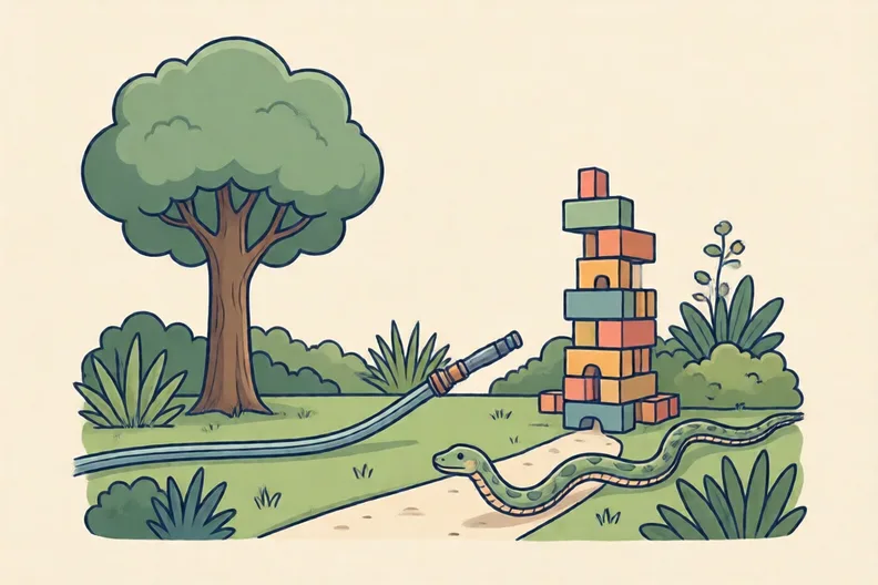 A garden with a tall tree, a tall tower of toy bricks, a long hose and a long snake on a path