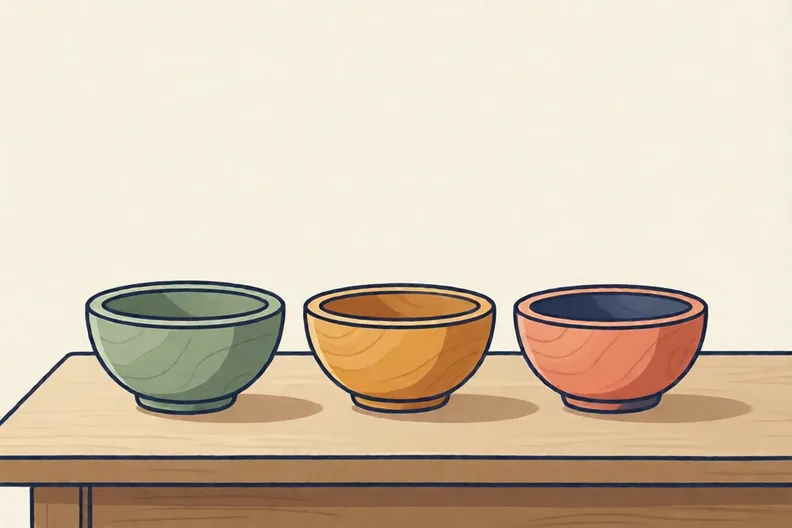 Three small wooden bowls in a row on a plain kitchen table