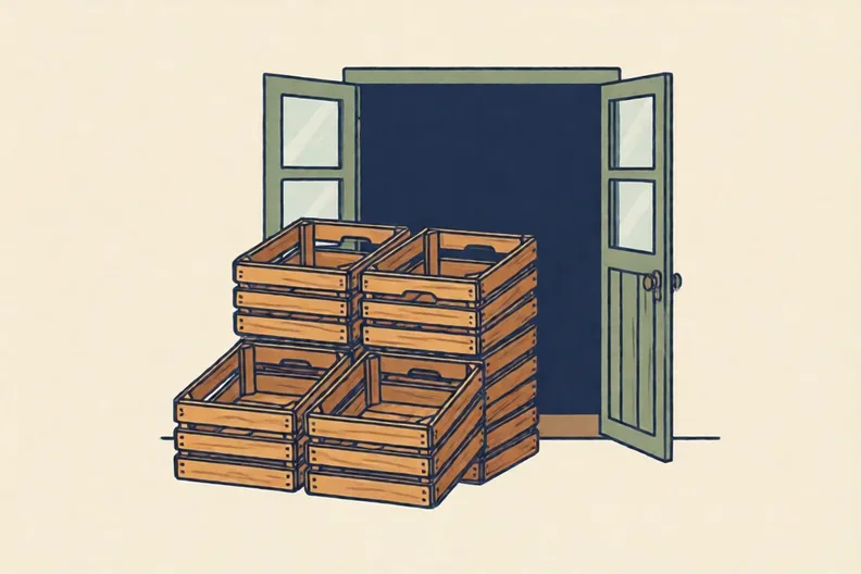 Empty wooden crates stacked beside a farm shop door