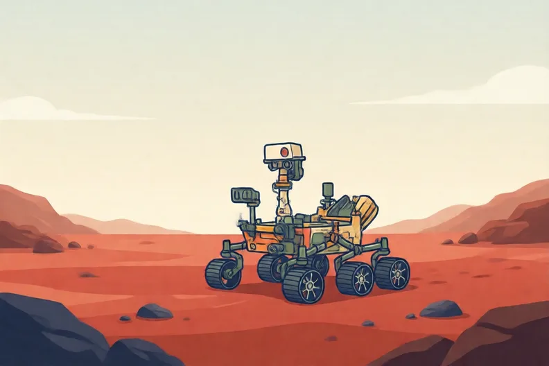 A small wheeled rover on flat red sand with a few rocks and a pale sky