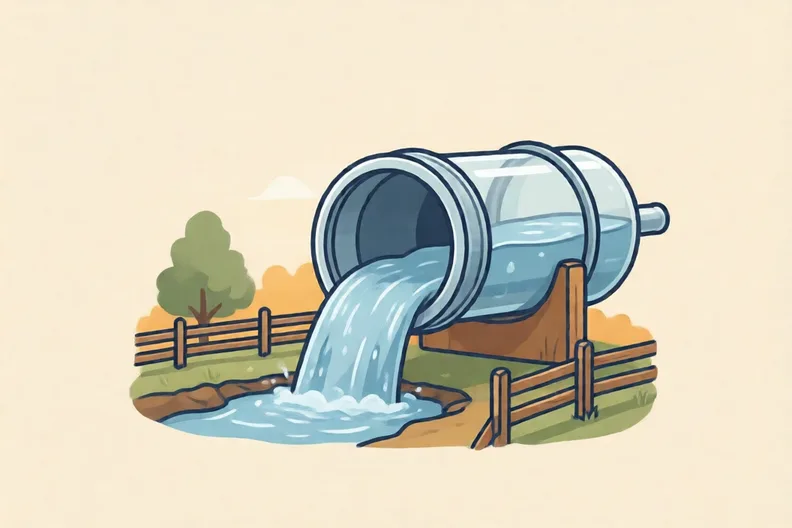 A clear plastic pipe with water flowing through it on a farm