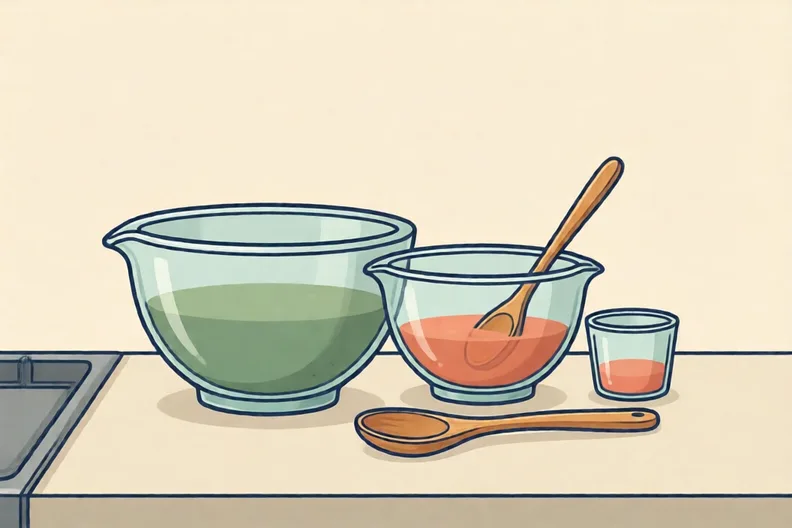 Two glass mixing bowls of flour on a kitchen counter