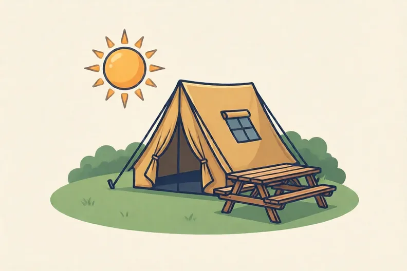 A small triangular tent pitched on a grassy campsite beside a wooden picnic table, in sunshine