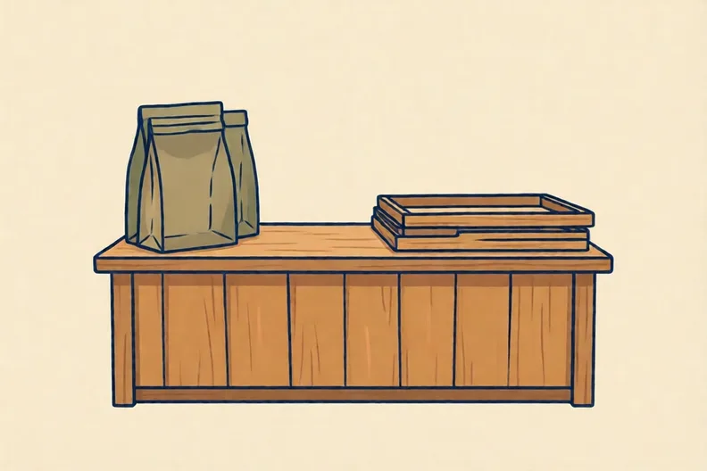 A wooden bakery counter with empty paper bags stacked at one end