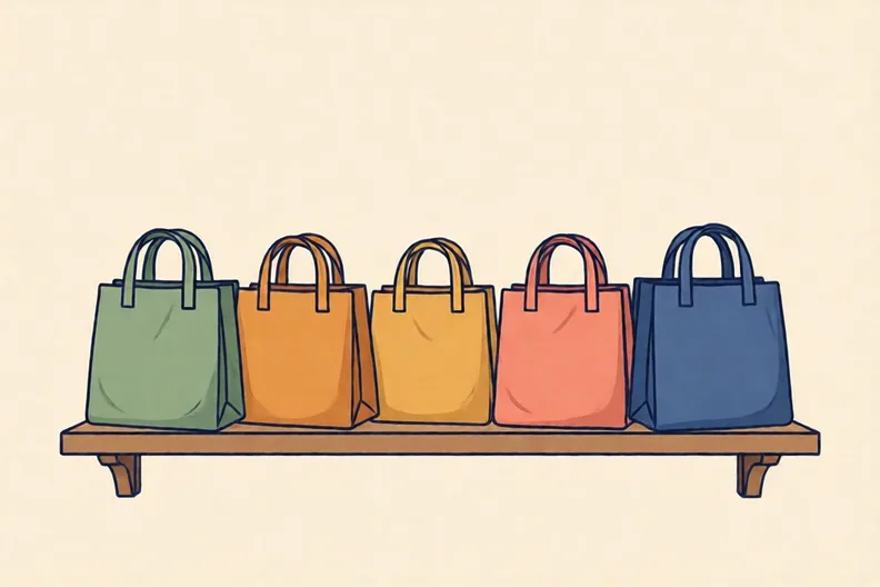 A shop shelf with a row of plain cloth bags, drawn simply