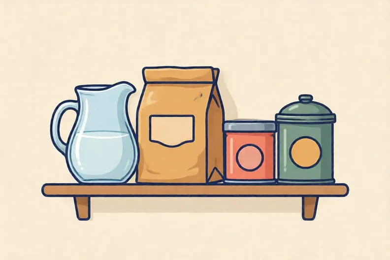 A kitchen shelf with a jug, a bag of flour and a row of tins