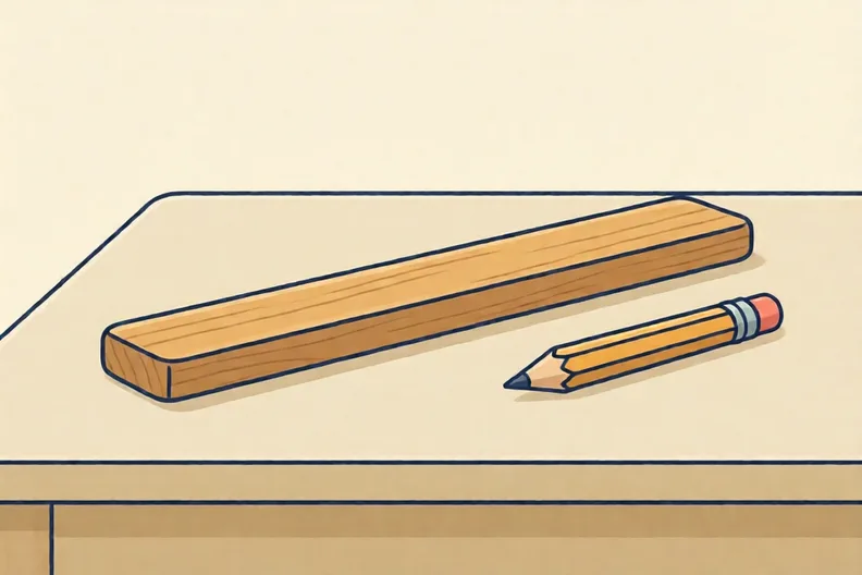 A plain long wooden bar and a small pencil lying flat on a light table.