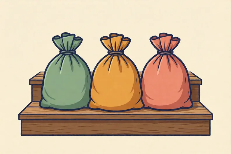 Three cloth sand bags lined up on a wooden garden step