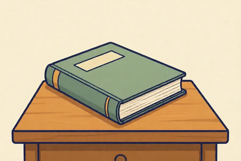A closed book lying on a desk, turned at a slant so its square corner points sideways