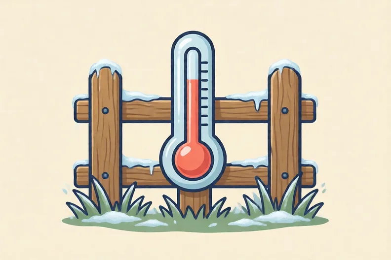 A thermometer on a garden fence on a frosty morning
