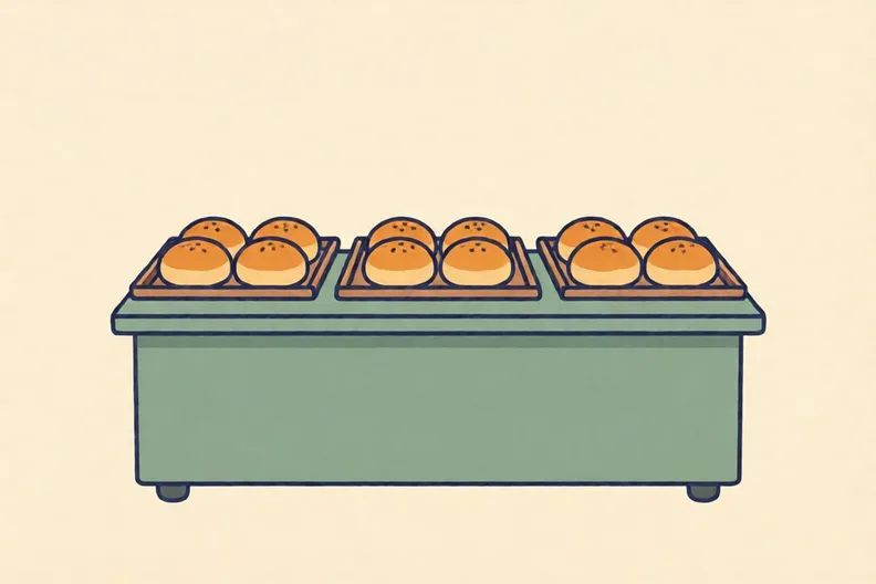 A bakery counter with round buns laid out on trays