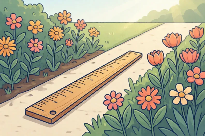 A wooden metre stick lying along a garden path beside a flowerbed in bright sunshine
