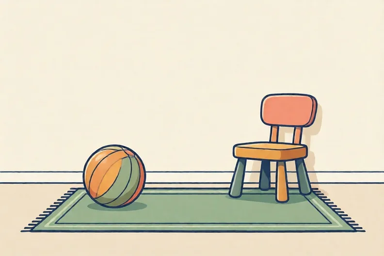 A clear living room floor with a rug, a soft ball and a chair pushed back