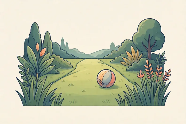 A grassy garden path with a soft ball resting on the grass