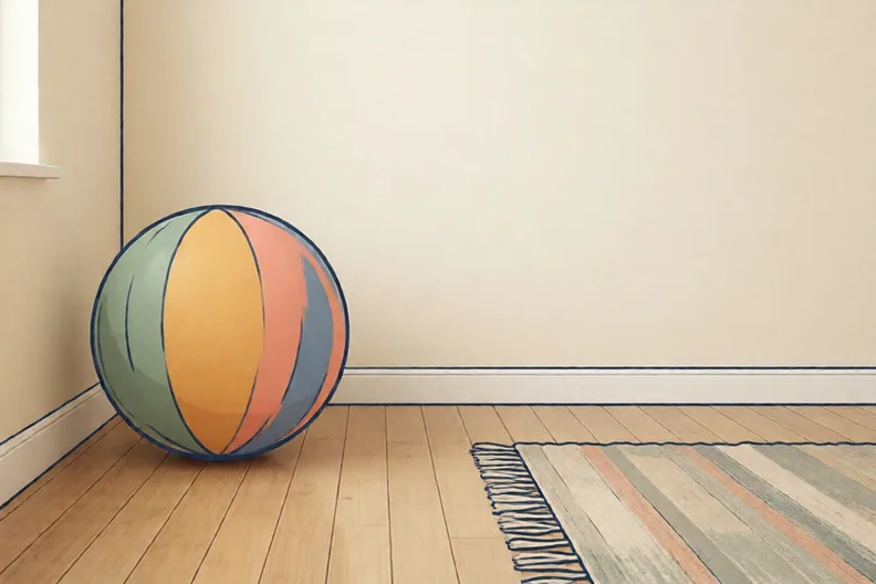 A soft ball on a clear wooden floor beside a bare wall