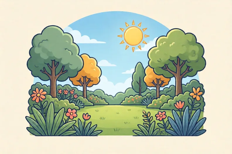 A sunny garden with a bright sun over a clear lawn, no people