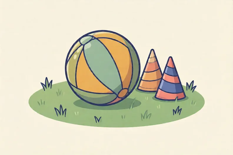 A soft ball resting on a clear patch of garden lawn near some cones