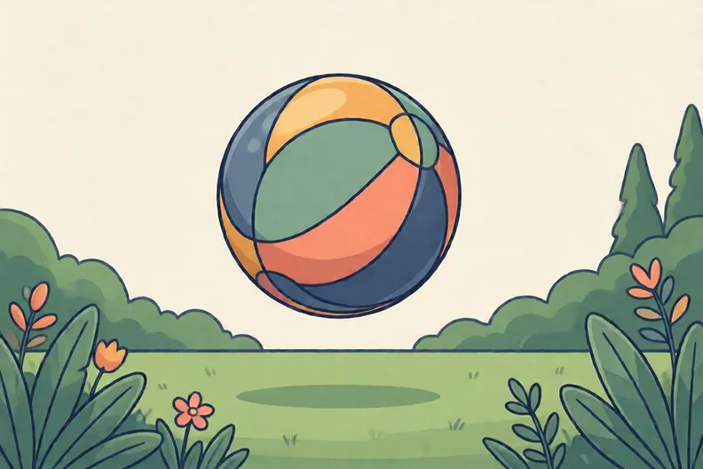 A soft ball in the air above a garden lawn, drawn from the side