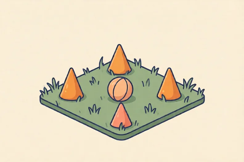 A grassy garden with four cones set in a square and a soft ball on the lawn