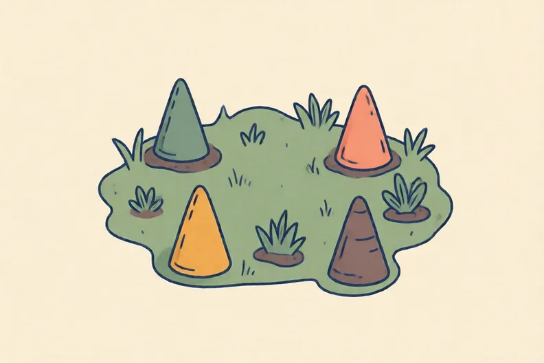 Four small cones on a flat patch of garden, with space to move around them