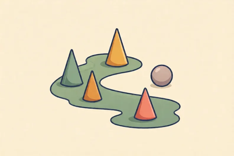 Four small cones in a loose zigzag on a flat garden path, with a soft ball nearby