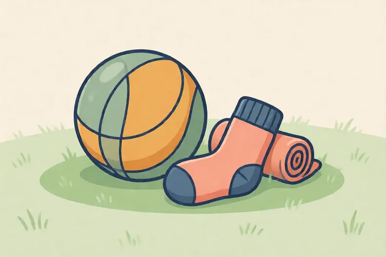 A soft ball and a rolled pair of socks on a clear garden lawn