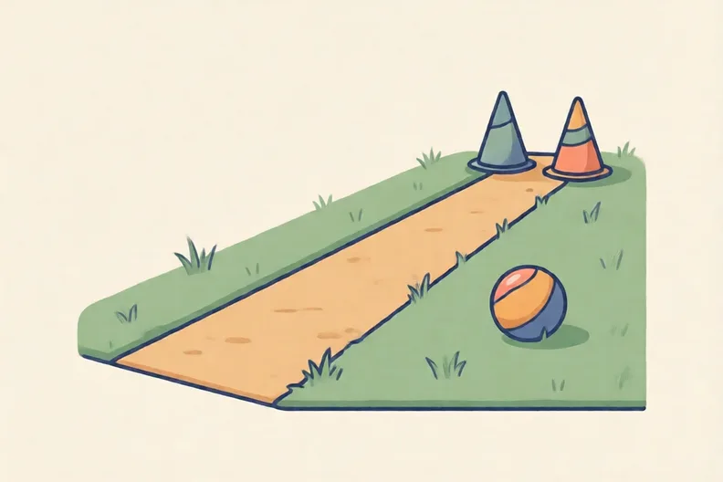 A straight garden path with two cones at one end and a soft ball on the grass