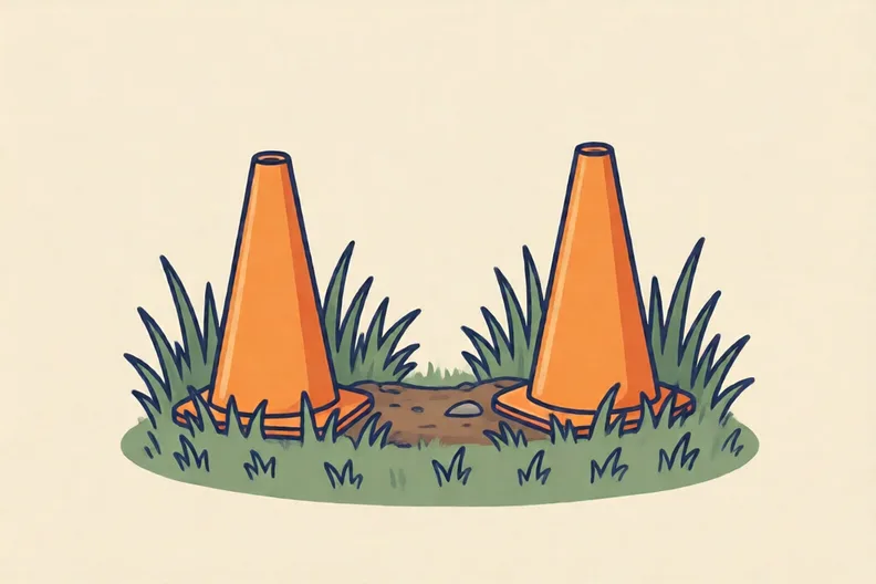 Two cones on grass with an open gap between them, no people