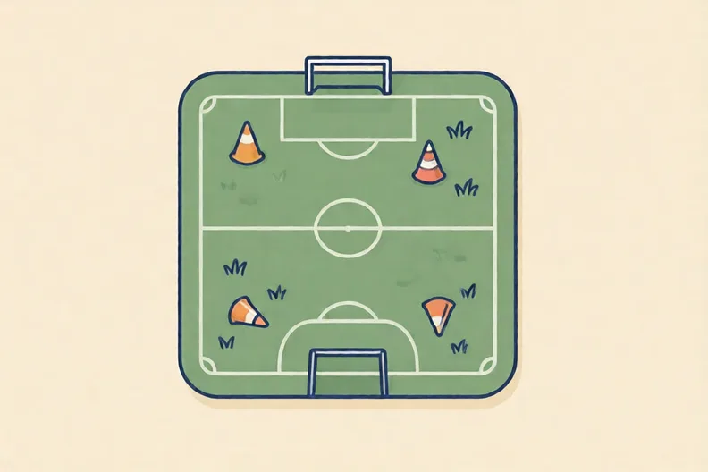 A grass pitch with open patches and cones, no people