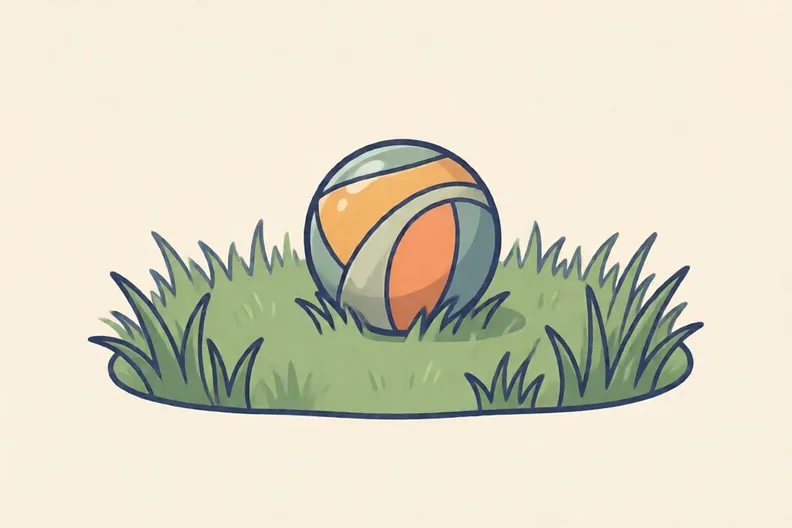 A clear patch of garden lawn with a soft ball resting on it, no people