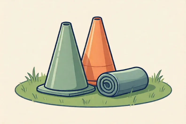 Two plastic cones on a flat garden lawn with a rolled towel beside them