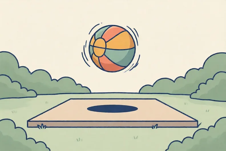 A ball bouncing high above a garden patio with its shadow below