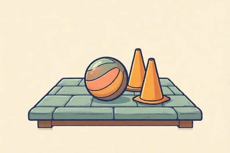 A small bouncy ball and two cones on a flat garden patio with clear space around them
