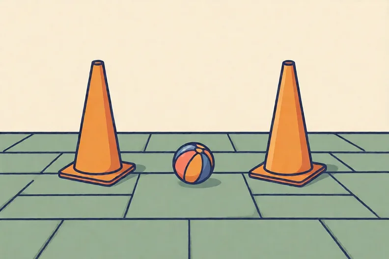 Two cones set four metres apart on a flat garden patio with a small ball