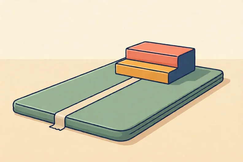 A soft mat with a tape line down its middle and a low step at one end of the line